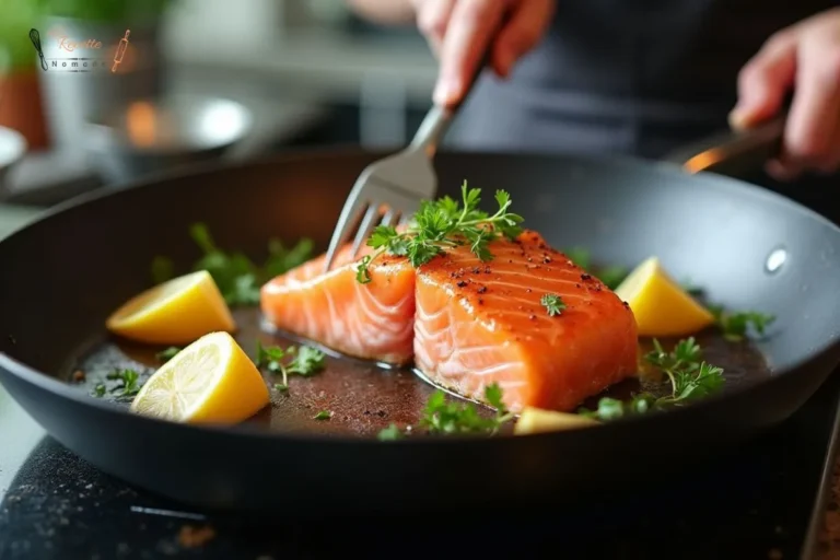 Filet de saumon en cours de cuisson dans une poêle, avec une peau croustillante et des herbes fraîches.
