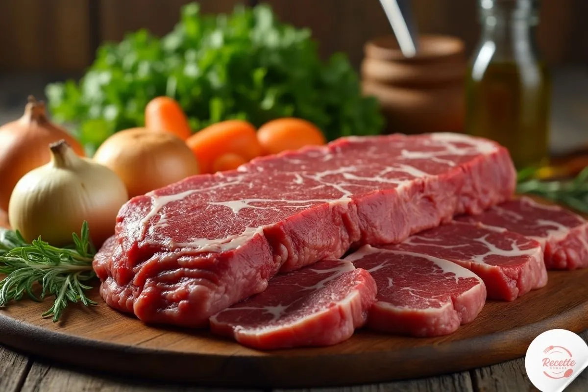 Table rustique avec jarret de bœuf cru entouré d'oignons, carottes, ail, bouquet garni, huile d'olive, sel et poivre, dans une ambiance conviviale