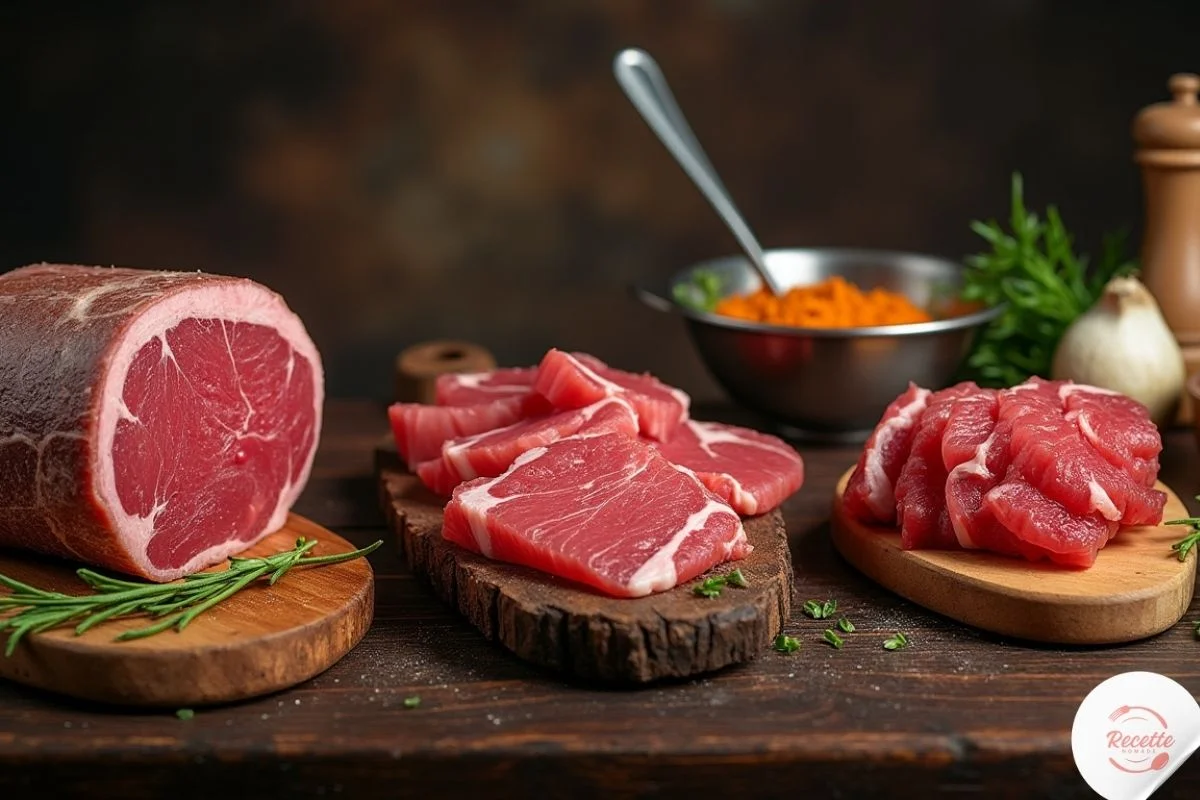 Différentes présentations du paleron de bœuf : entier, en tranches et haché, sur une table de cuisine conviviale.