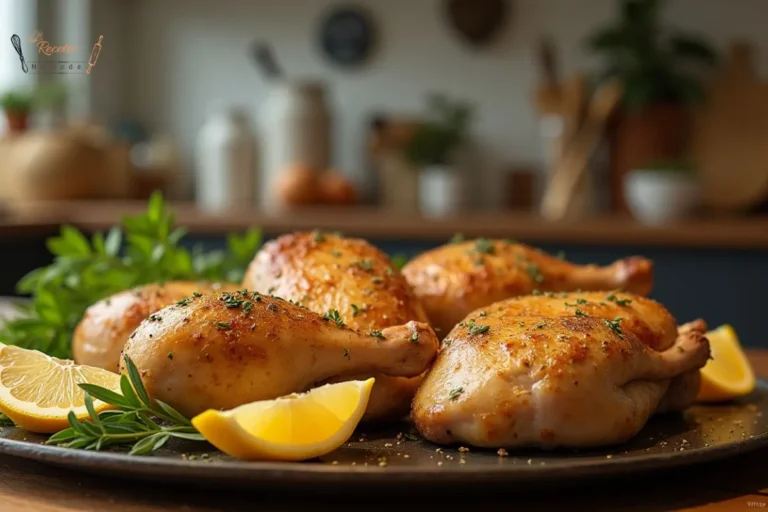 Cuisses de poulet dorées et croustillantes sur une plaque de cuisson, assaisonnées avec des herbes et des tranches de citron.