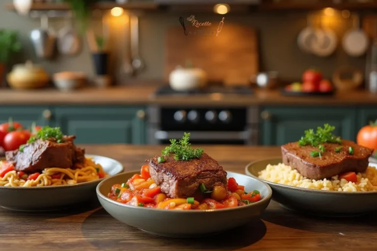 Trois plats savoureux de bœuf au oignon, incluant un plat traditionnel, une version asiatique et une recette créative avec sauce