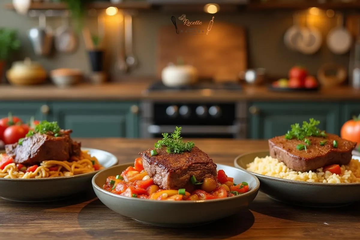 Trois plats savoureux de bœuf au oignon, incluant un plat traditionnel, une version asiatique et une recette créative avec sauce