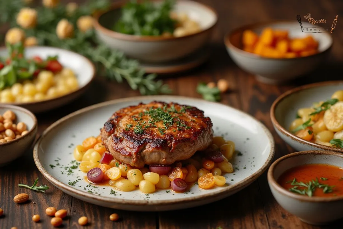 Trois plats de bœuf au oignon : un traditionnel avec pommes de terre, un moderne avec purée de céleri, et une version asiatique avec nouilles sautées.