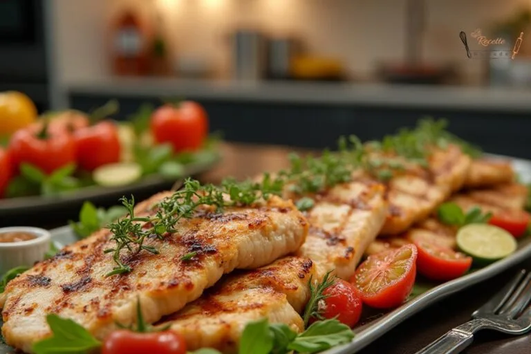 Recette avec d'escalopes de poulet préparées de différentes façons, présentées sur une assiette avec des légumes frais
