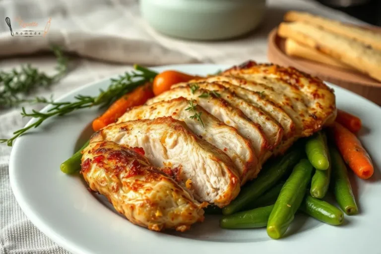Escalope de poulet dorée avec légumes frais dans une cuisine maison chaleureuse.