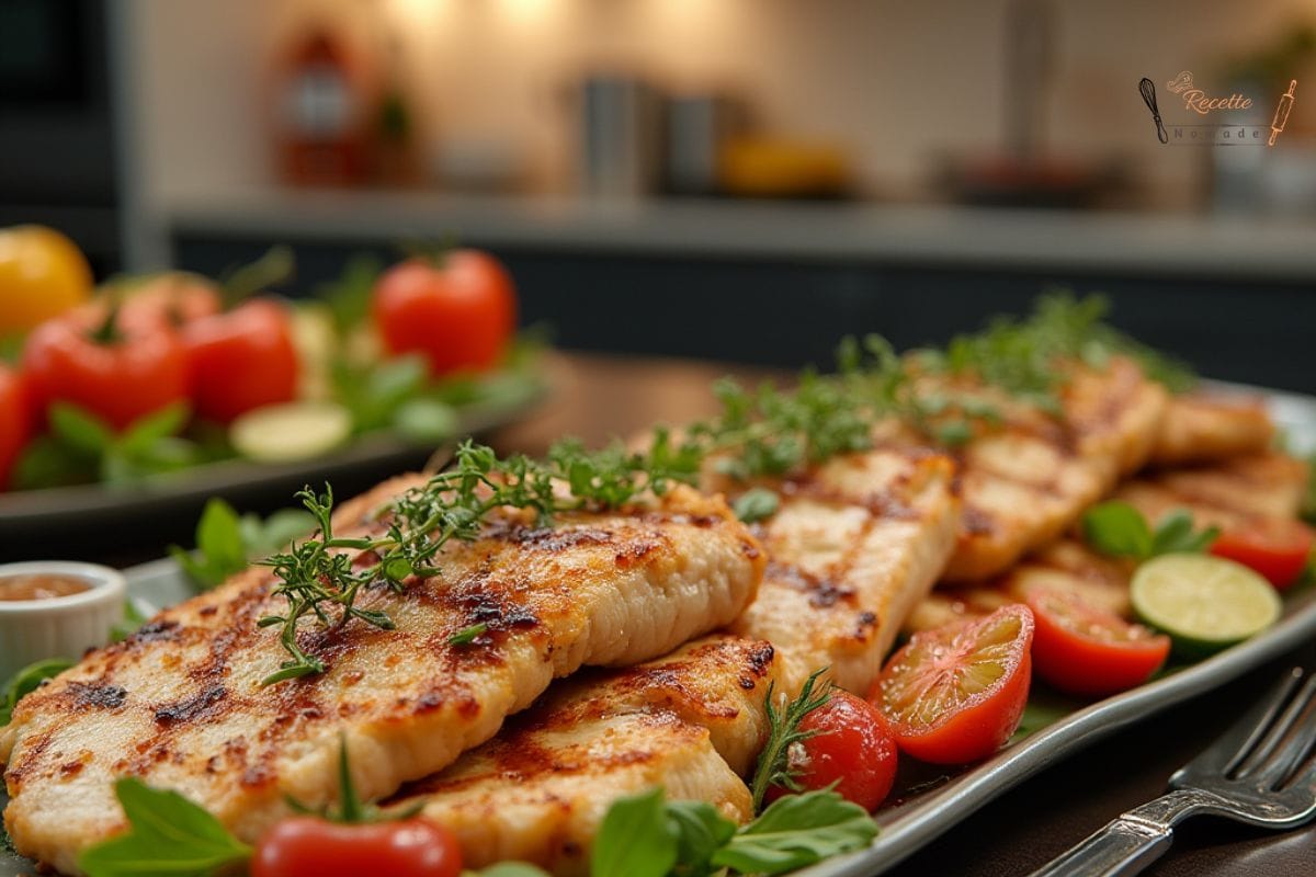 Recette avec d'escalopes de poulet préparées de différentes façons, présentées sur une assiette avec des légumes frais