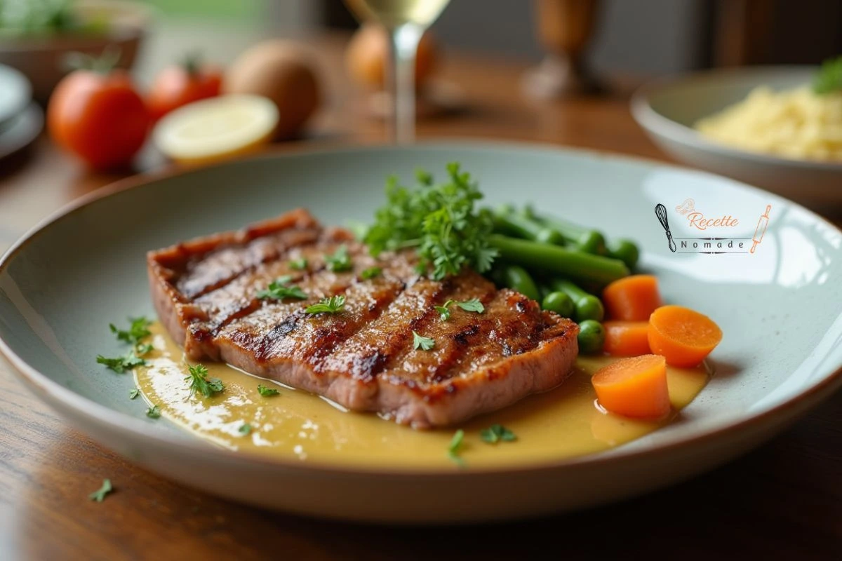 Escalope de dinde dorée avec une sauce crémeuse, servie avec des légumes et une purée de pommes de terre