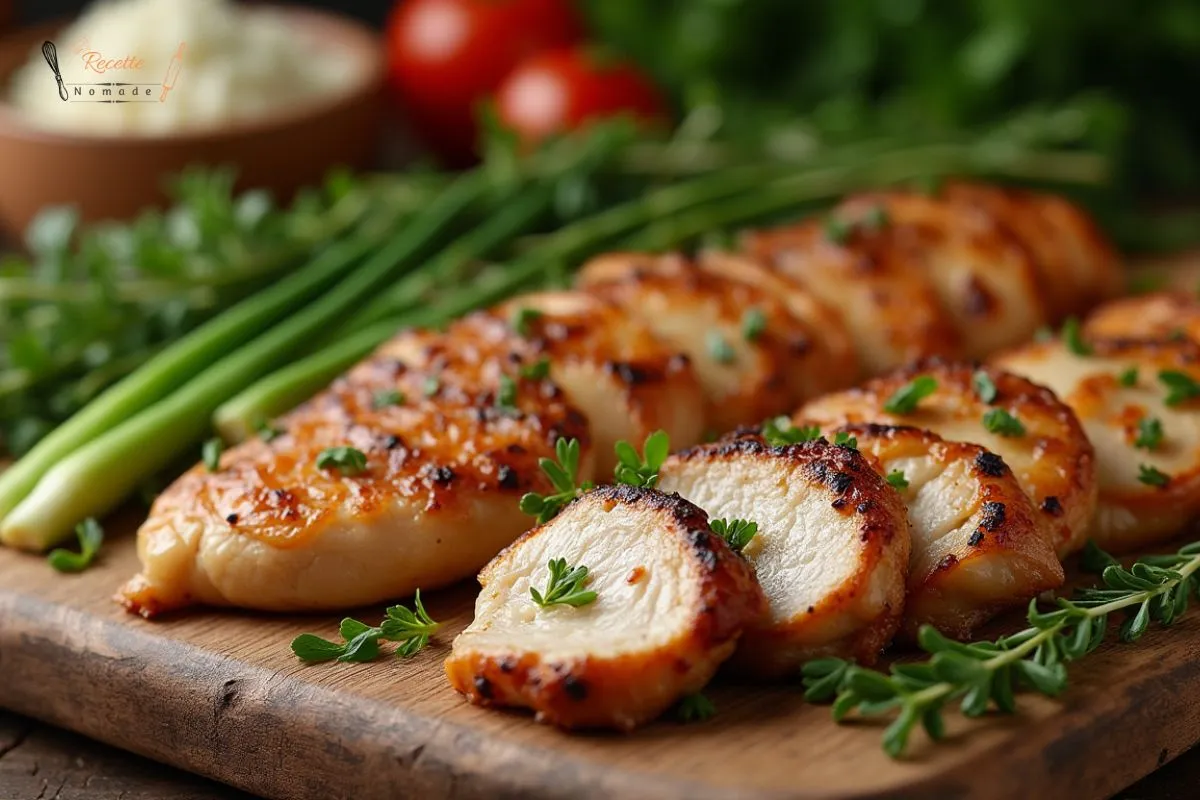 Assortiment d'escalopes de poulet panées, grillées et en sauce dans une cuisine rustique, entourées de légumes rôtis et de pommes de terre.