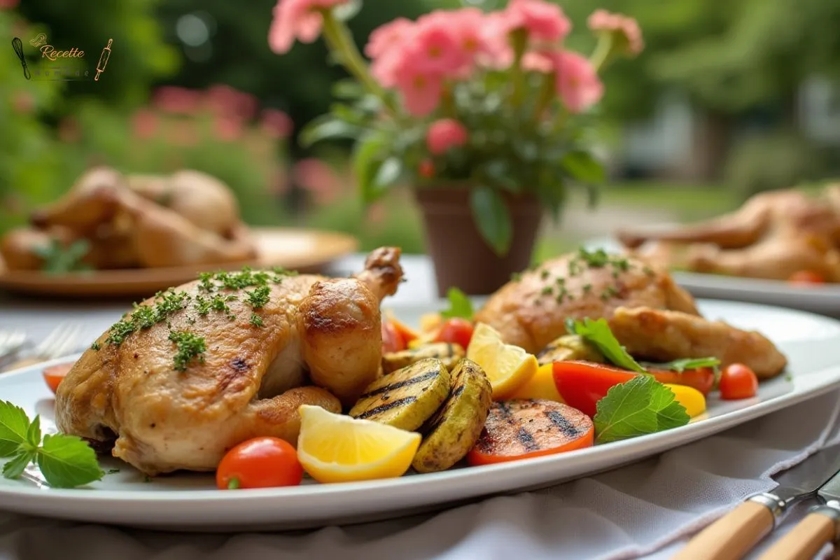 Plat de blanc de poulet cuit au four avec quartiers de citron et légumes grillés, présenté sur une table de jardin ensoleillée