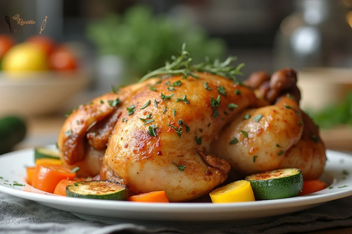 Plat de blanc de poulet doré et juteux, assaisonné d'herbes fraîches, accompagné de légumes rôtis colorés.