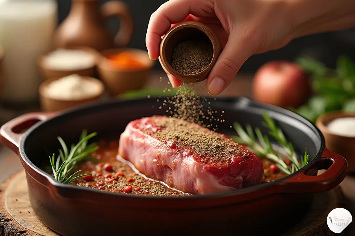 Assaisonnement d'un jarret de bœuf avec du sel, du poivre, des herbes et de l'ail dans une cocotte, dans une ambiance chaleureuse et rustique.
