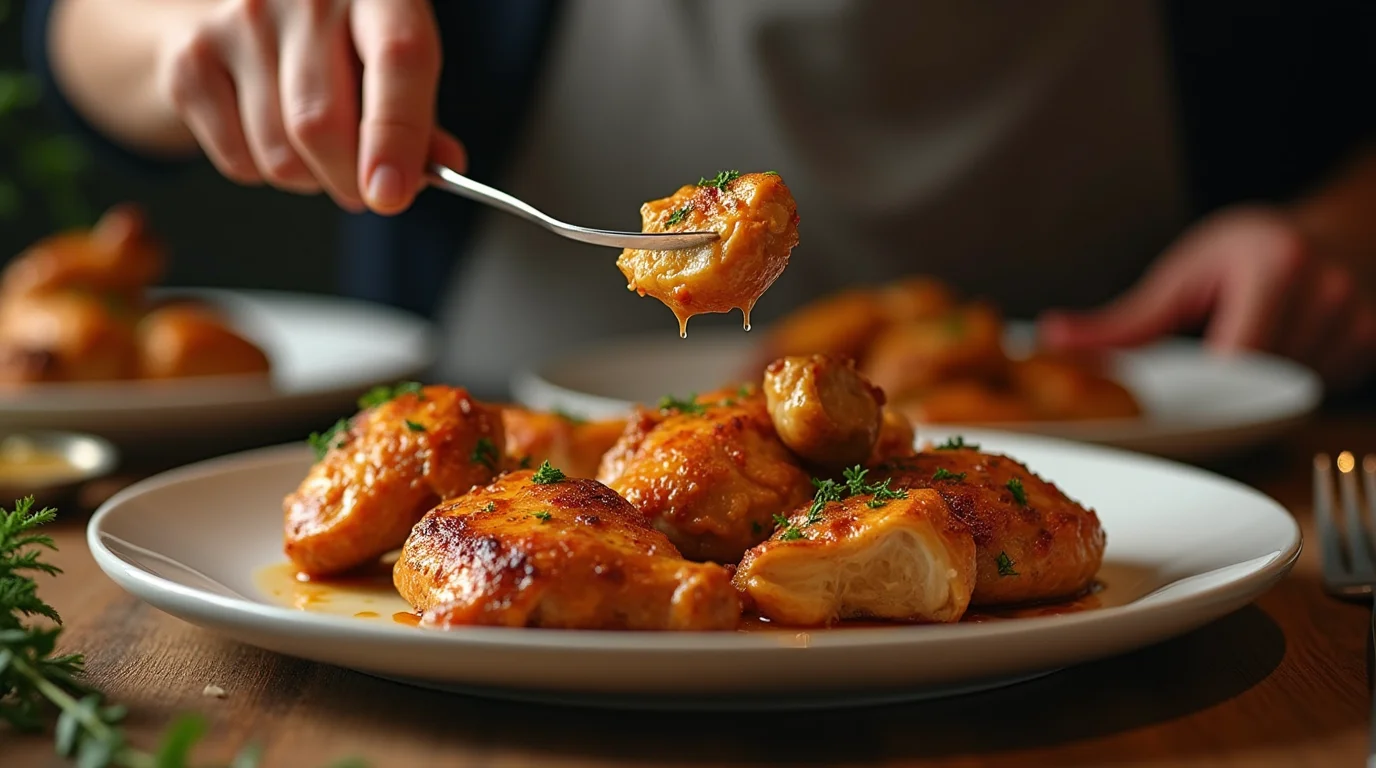 Test de cuisson des pilons de poulet avec une fourchette, montrant du jus clair s'écoulant, dans une cuisine chaleureuse. ( temps de cuisson pour pilons de poulet au four )