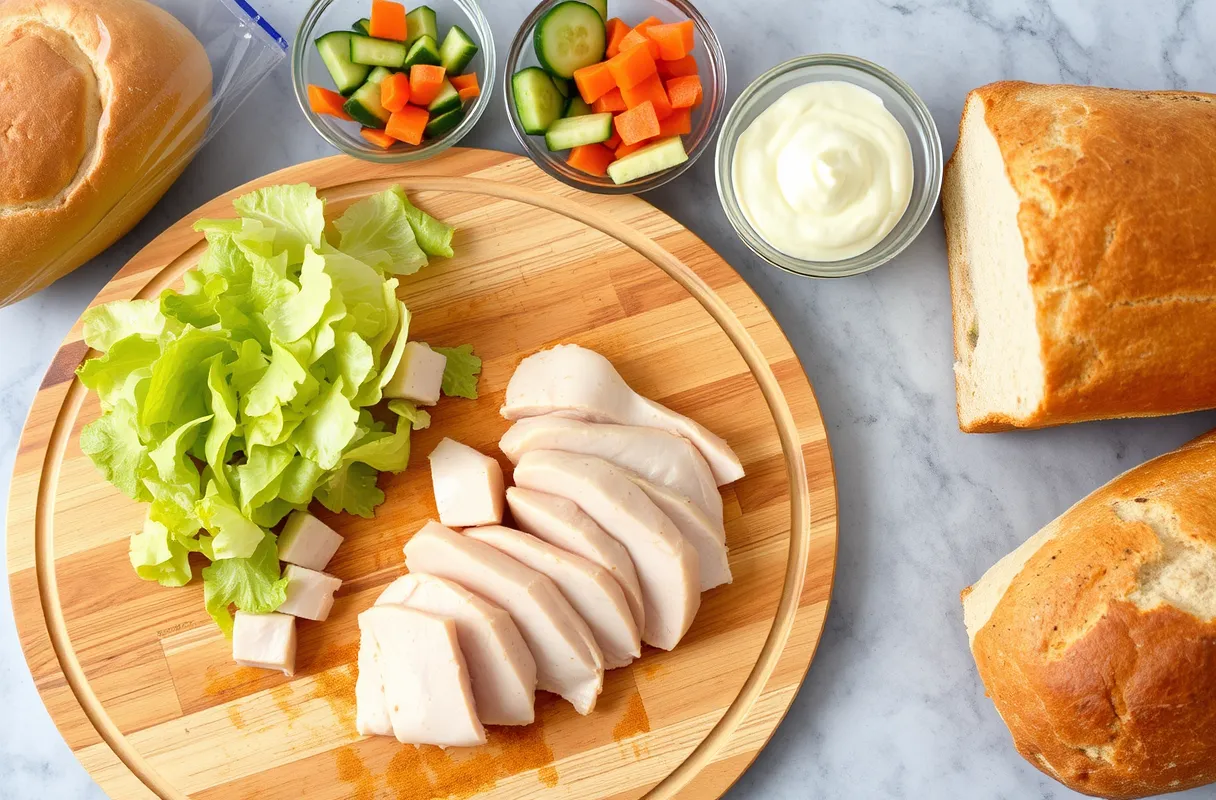 Planche en bois avec des restes de blanc de poulet tranchés pour préparer une salade ou un sandwich