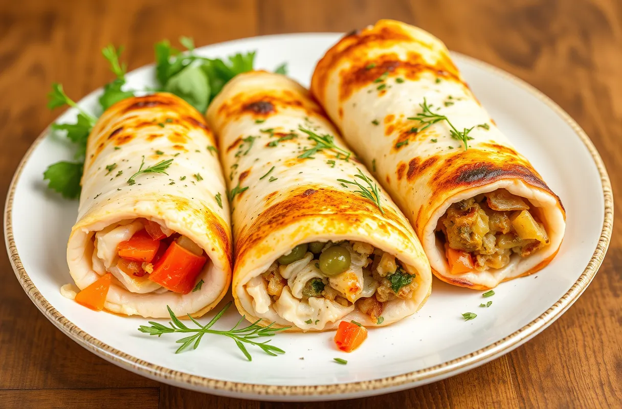 Assiette avec des roulés d'escalopes de dinde farcis de fromage fondu, de légumes sautés ou d'une farce maison.