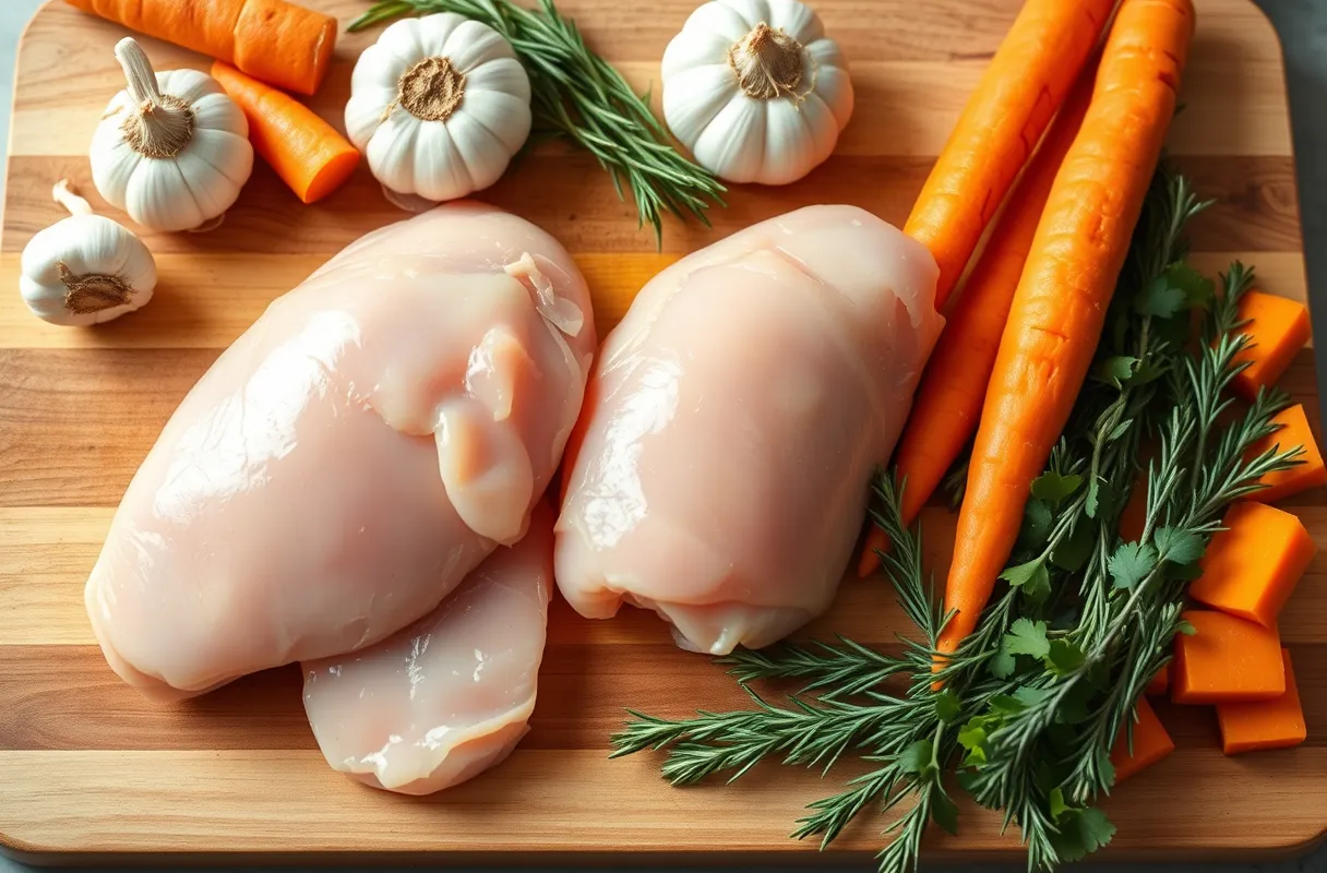 Filet de poulet frais entouré de légumes frais coupés, comme des carottes et des herbes, sur une planche en bois.