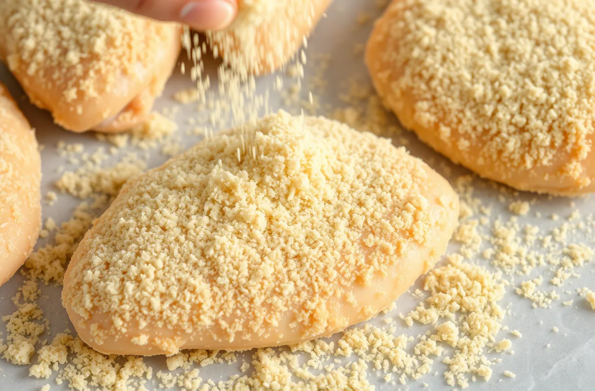 Escalopes de poulet enrobées de chapelure sur une surface plane.