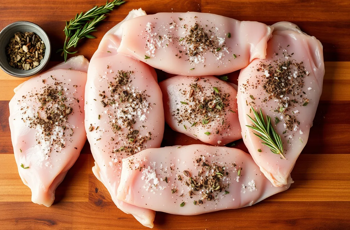 Escalopes de dinde crues assaisonnées de sel, poivre et herbes fraîches sur une planche en bois.