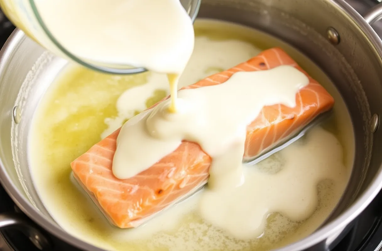 Poêle avec une sauce crémeuse au beurre blanc, faite de beurre, vinaigre blanc et échalotes, versée sur un saumon cuit, montrant la texture onctueuse