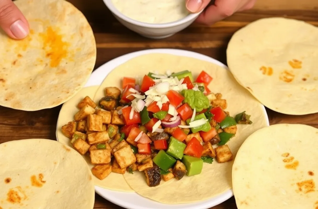 Tortillas réchauffées garnies de légumes sautés, tofu/seitan et diverses garnitures fraîches (guacamole, salsa, fromage râpé)