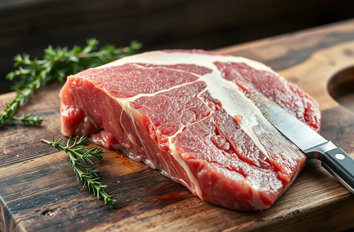 Paleron de bœuf marbré et rouge foncé, mis en valeur sur une planche rustique avec des herbes fraîches et un décor de marché artisanal