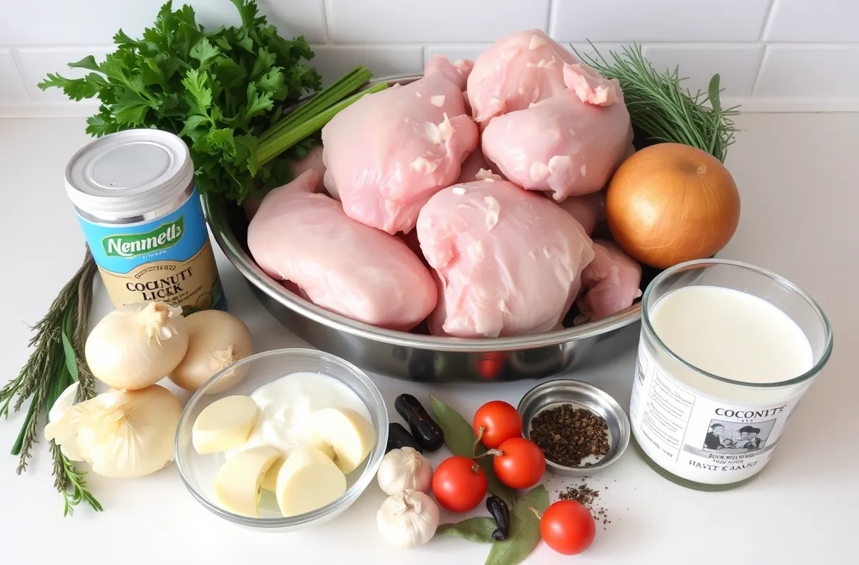 Ingrédients frais pour un plat à base de dinde disposés sur un plan de travail, incluant des morceaux de dinde, oignons, ail, lait de coco, crème fraîche, et épices comme le thym, le laurier et le poivre.