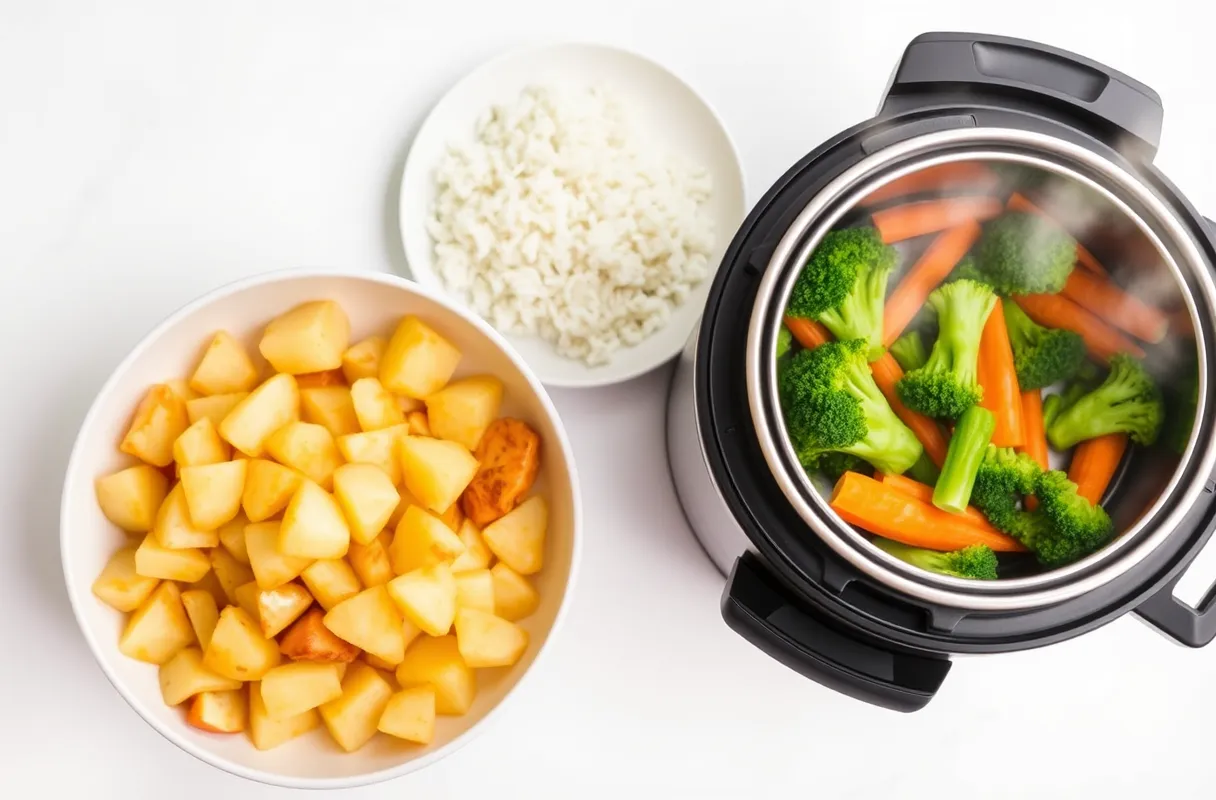 Accompagnements pour sauté de dinde : pommes de terre dorées, riz blanc moelleux et légumes vapeur colorés.
