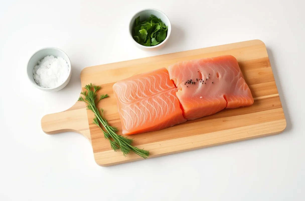 Plan de travail blanc avec filet de saumon frais, sel, sucre, aneth et poivre pour gravlax maison