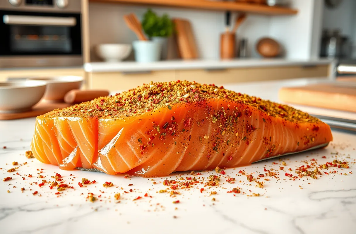 Préparation de saumon gravlax aux épices comme cumin, coriandre et piment d'Espelette dans une cuisine moderne et lumineuse