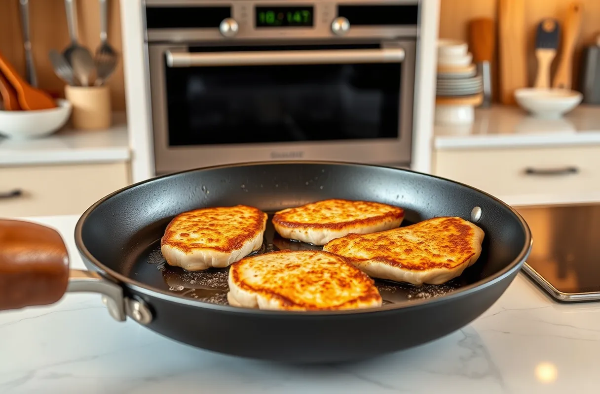 Escalopes de dinde dorées dans une poêle avec une belle croûte dorée dans une cuisine moderne et lumineuse.