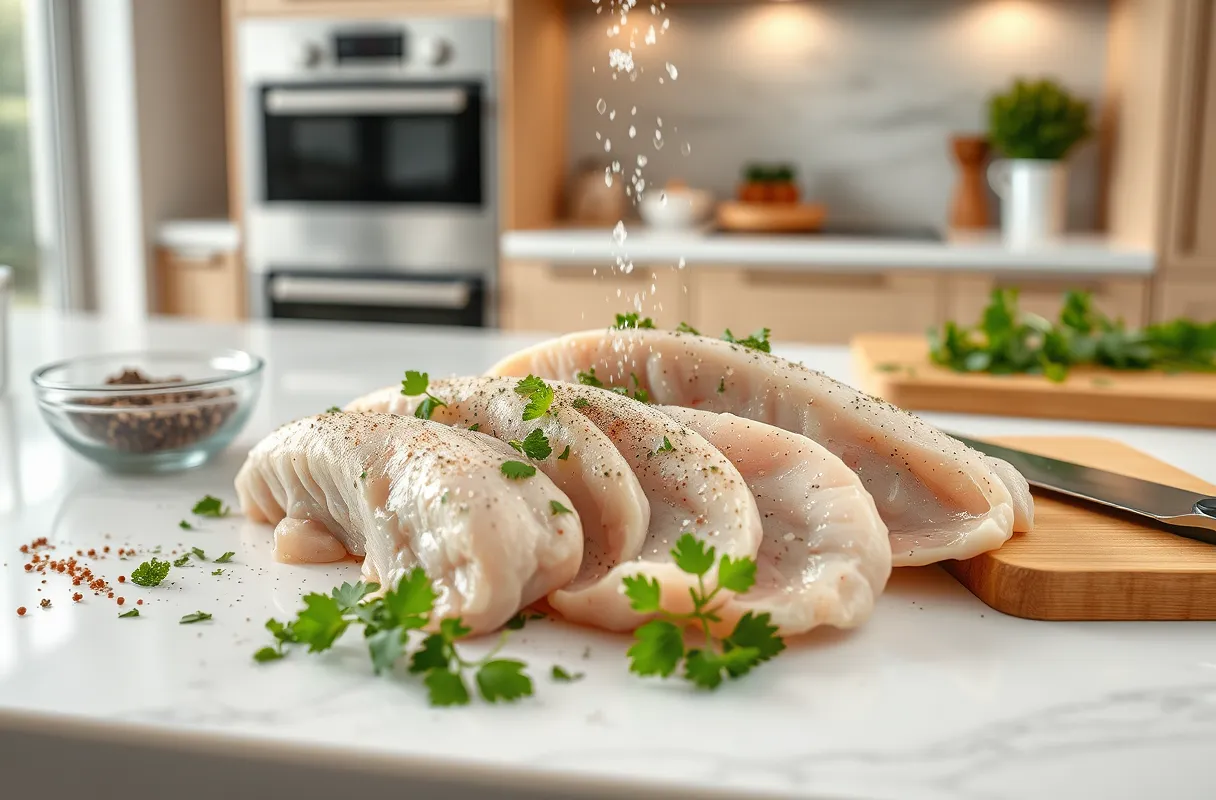 Escalopes de dinde assaisonnées avec sel, poivre et herbes fraîches dans une cuisine moderne et lumineuse