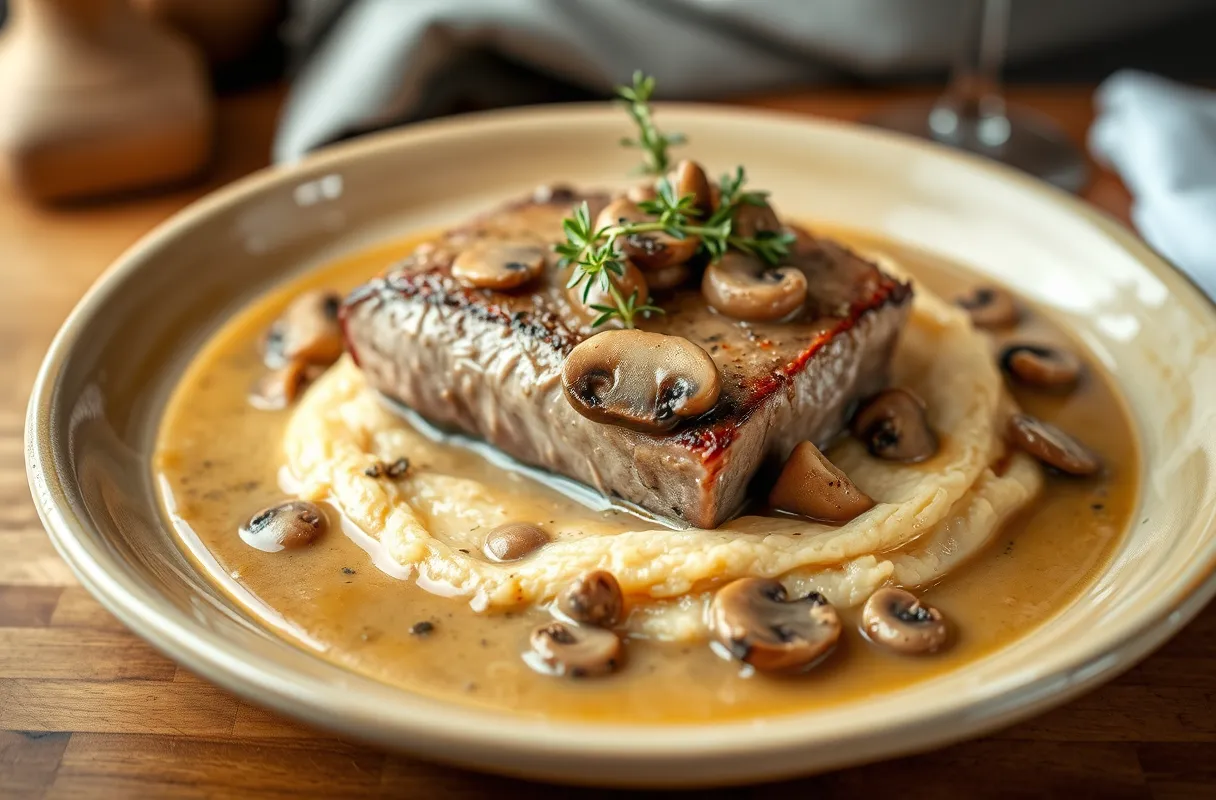 Paleron de bœuf tendre dans une sauce crémeuse aux champignons, servi avec purée ou riz, dans une ambiance rustique et élégante.