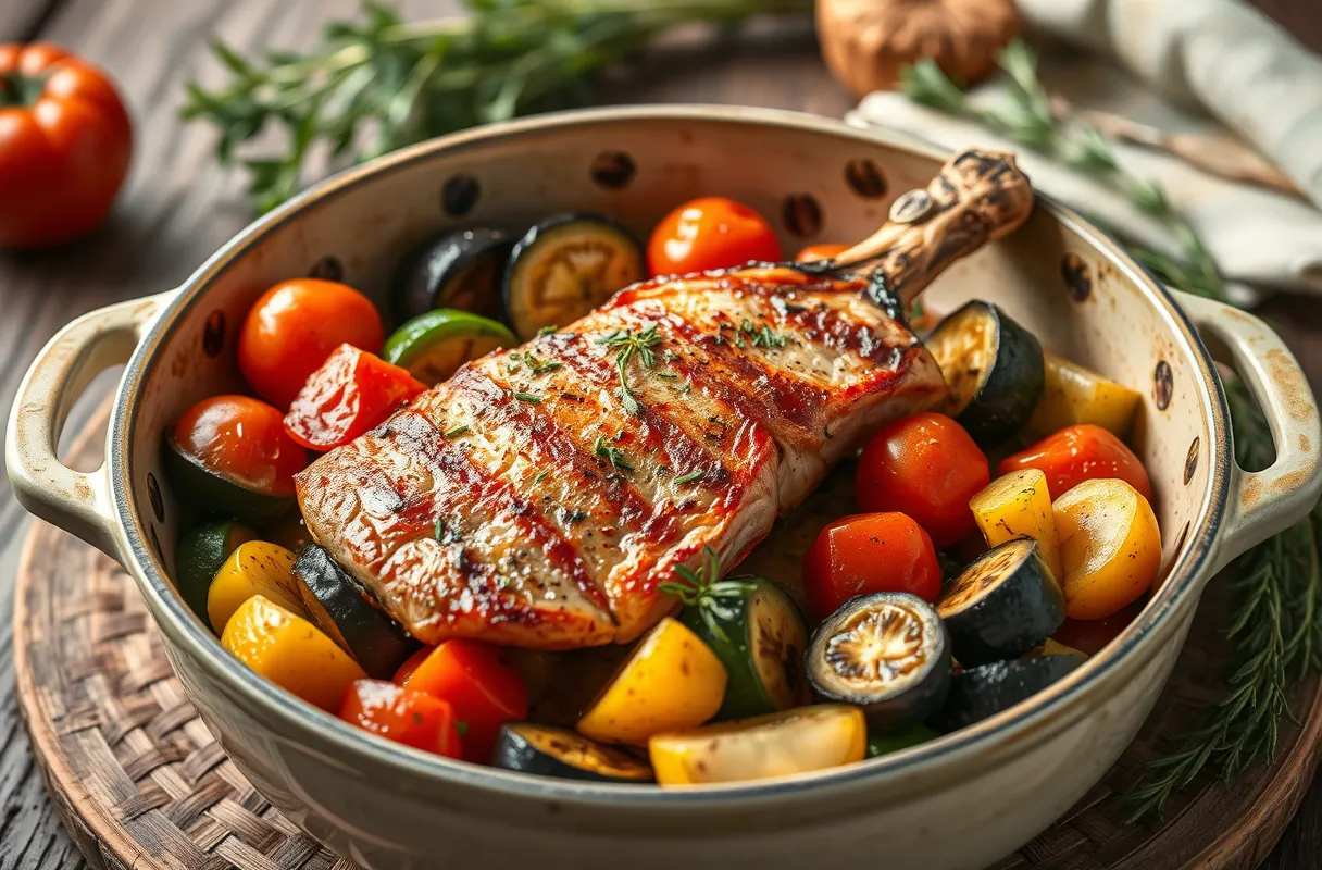Paleron de bœuf mijoté avec courgettes, tomates, poivrons et aubergines, dans un plat coloré et savoureux