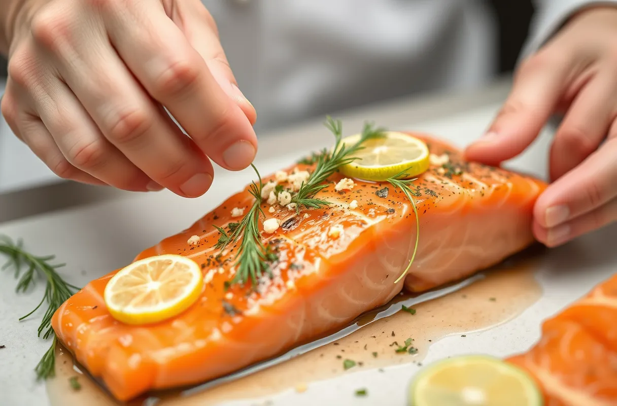 Un chef garnissant délicatement un saumon mariné avec des assaisonnements légers comme des tranches de gingembre frais, de l'aneth et du zeste de citron vert, mettant en valeur les saveurs naturelles du poisson