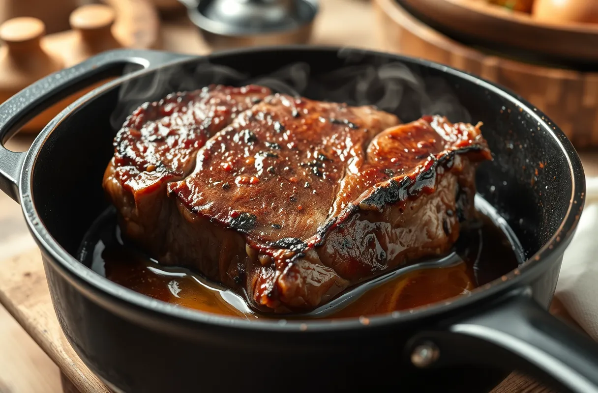 Jarret de bœuf saisi dans une cocotte, avec une belle coloration dorée et une ambiance de cuisine chaleureuse.