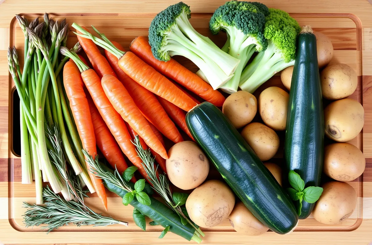 Planche en bois avec une variété de légumes de saison 