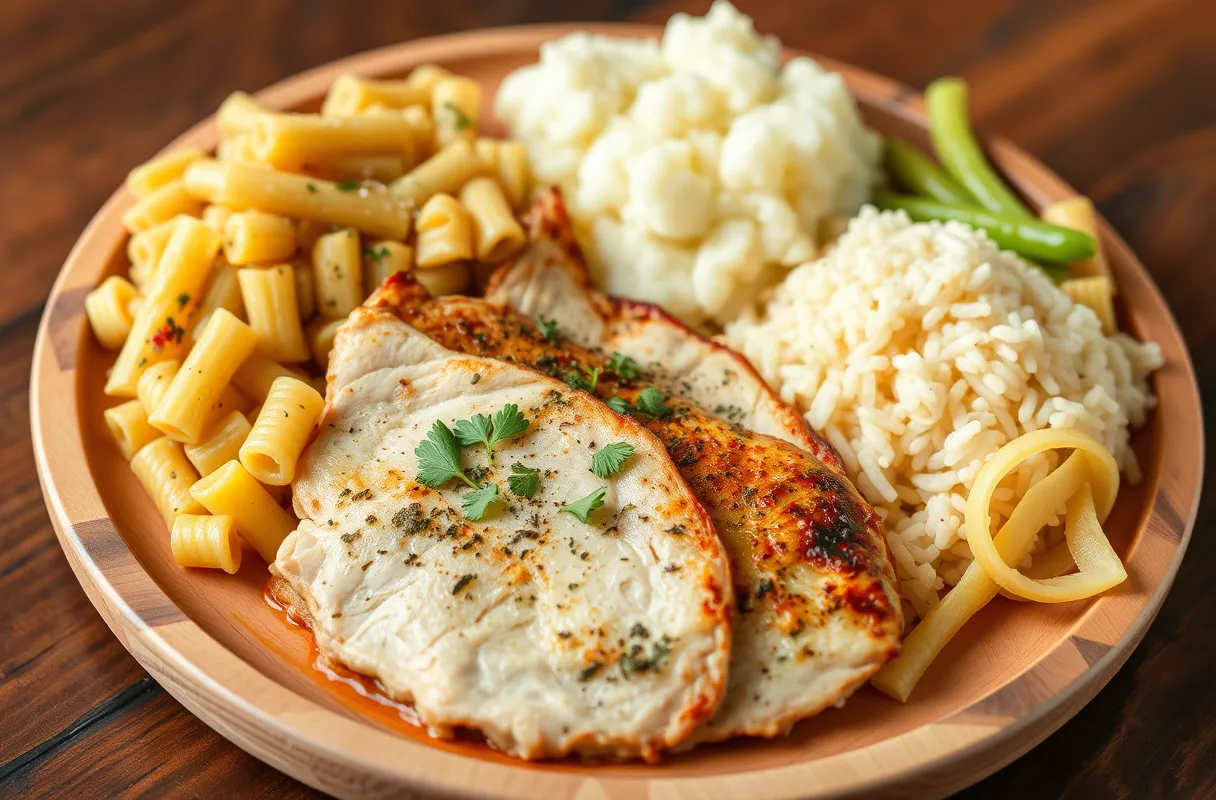 Assiette en bois avec une escalope de dinde accompagnée de purée de pommes de terre, de riz et de pâtes al dente.