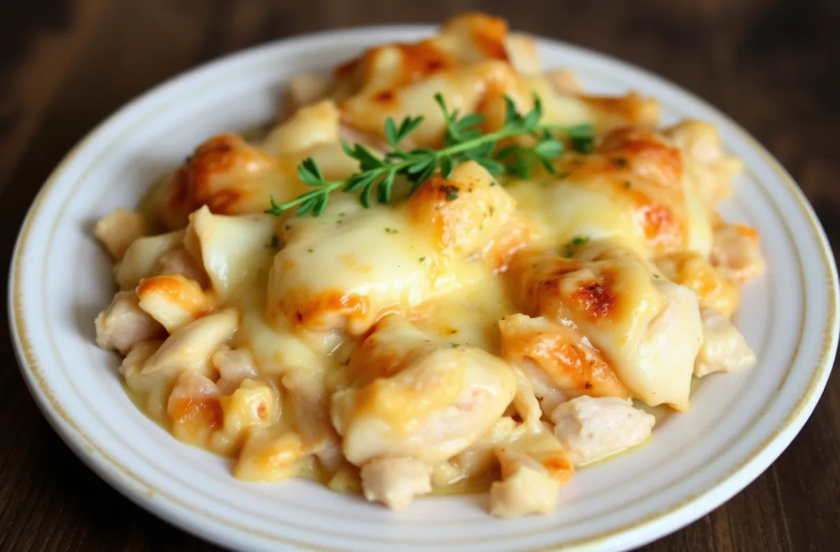 Assiette de gratin ou casserole d'escalopes de dinde, cuite au four avec une sauce crémeuse et du fromage fondu, ou mijotée dans un bouillon savoureux.