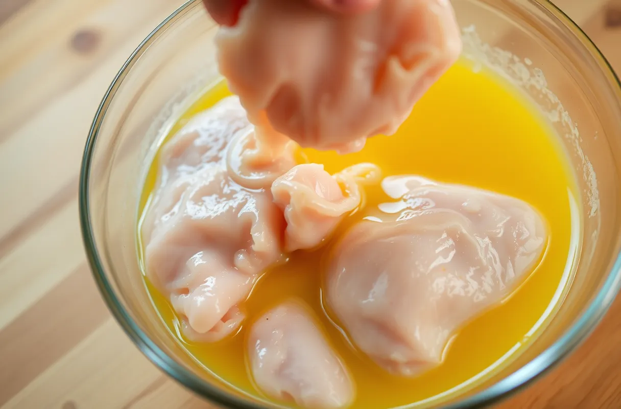 Escalopes de poulet trempées dans des œufs battus, sur un plan de travail en bois.
