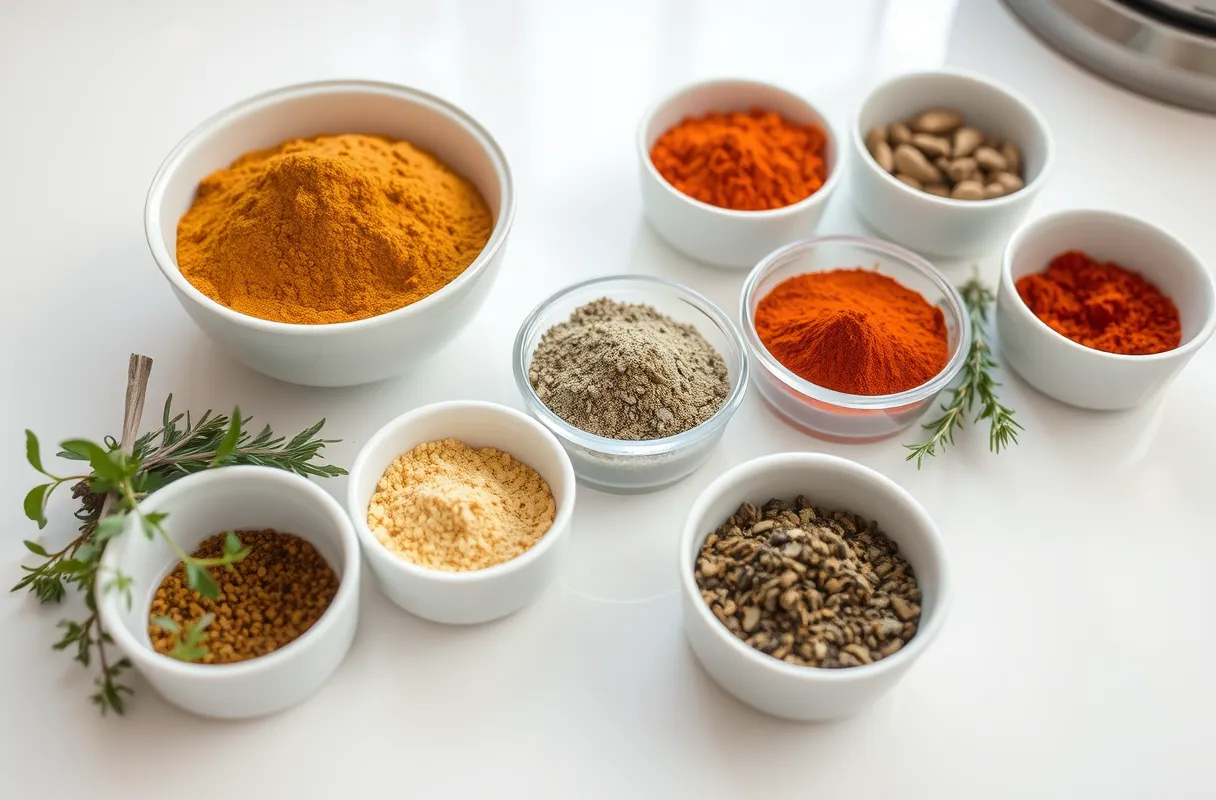 Épices et herbes pour sauté : curry, paprika, thym et romarin sur un plan de travail propre.