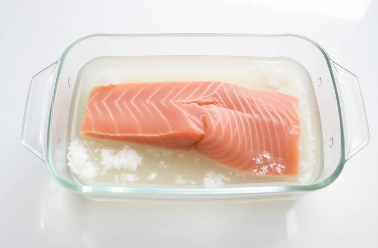 Filet de saumon entièrement immergé dans une saumure claire, prêt pour la marinade.