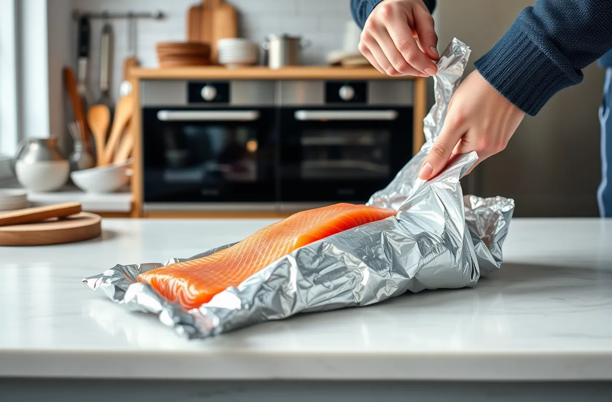 Gravlax soigneusement emballé dans du papier aluminium ou film alimentaire pour congélation dans une cuisine moderne et lumineuse.