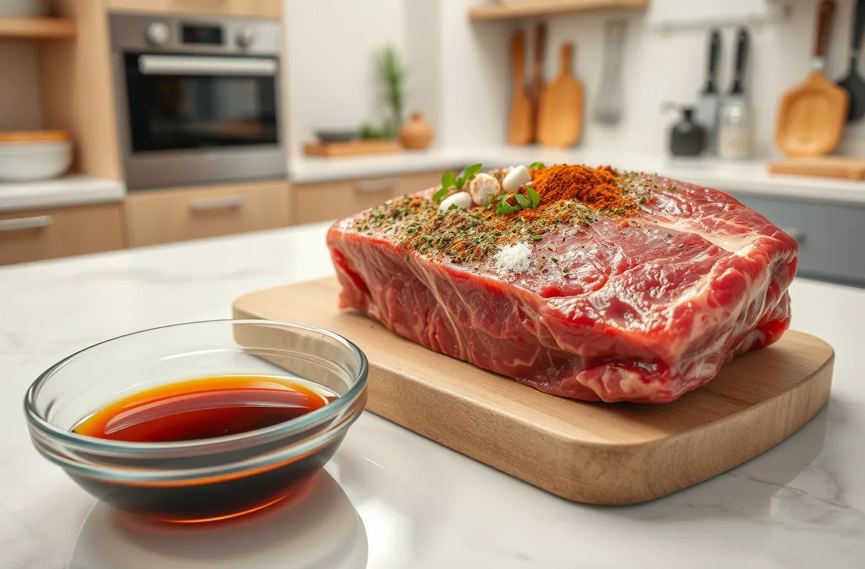 Viande de bœuf assaisonnée avec épices et herbes, marinée avec sauce soja sur un plan de travail lumineux dans une cuisine moderne.