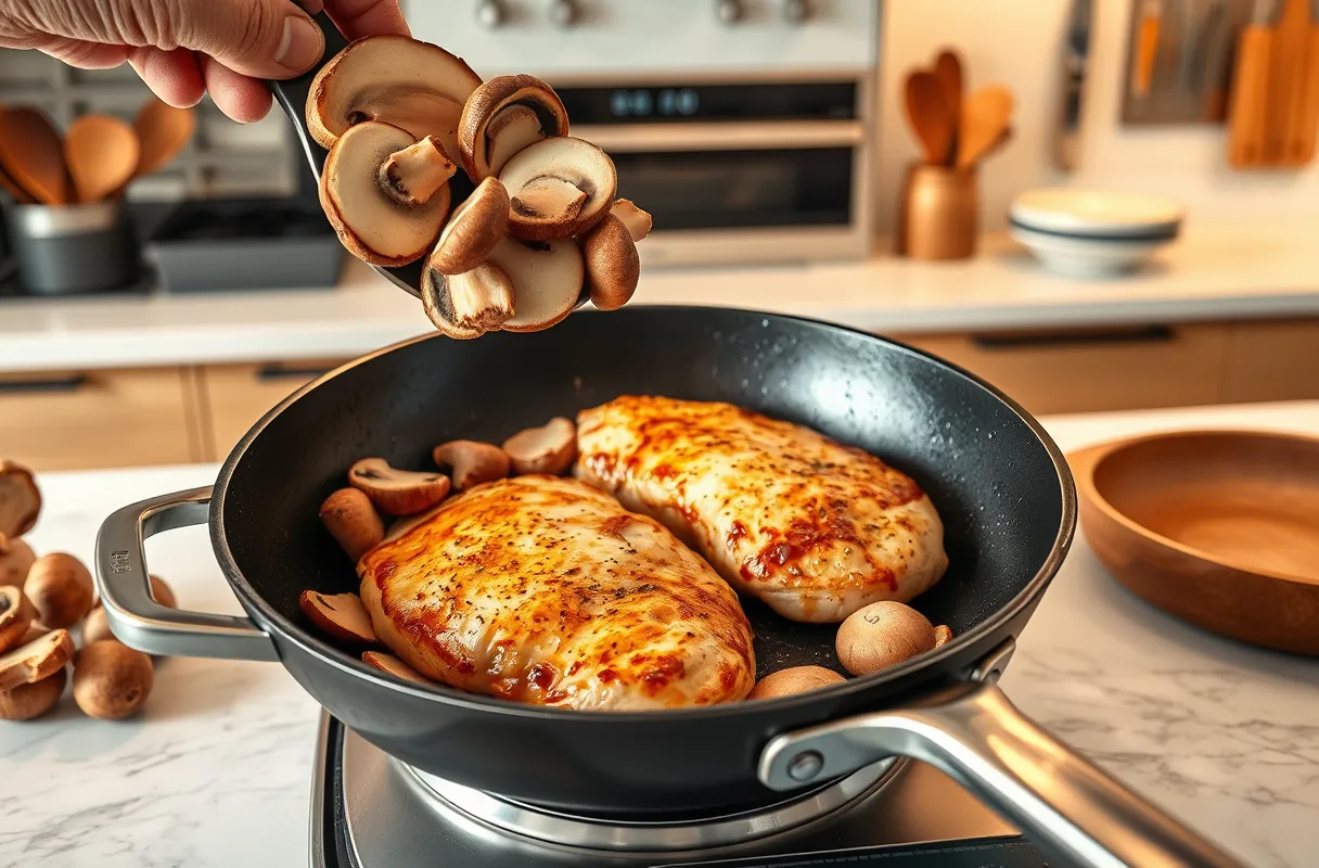 Champignons émincés cuisant dans une poêle avec des escalopes de dinde dorées dans une cuisine moderne et lumineuse.