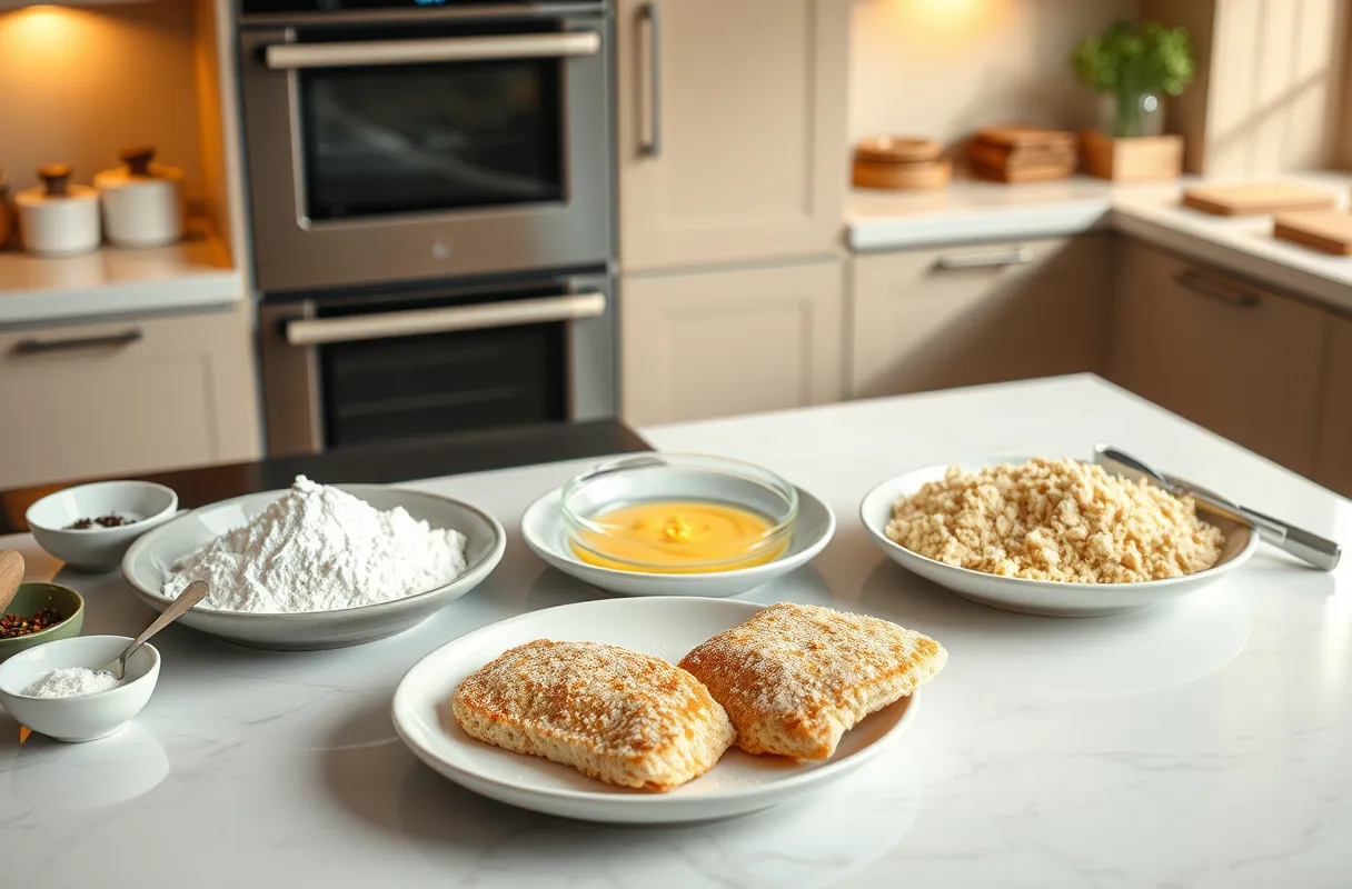 Station de panure avec trois assiettes : farine, œufs battus et chapelure dans une cuisine moderne et lumineuse