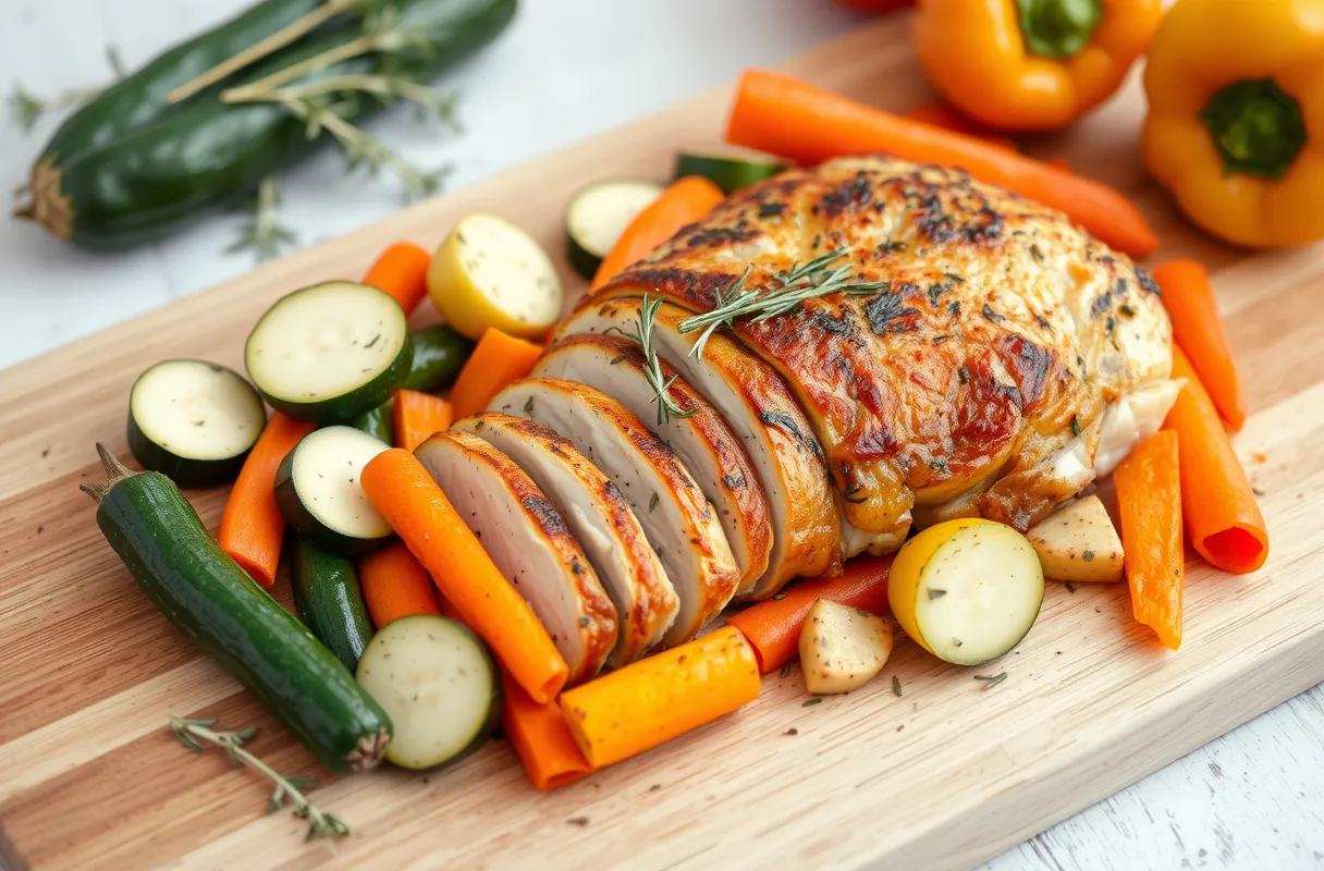 Planche en bois avec une escalope de dinde rôtie, entourée de légumes de saison comme des courgettes, des carottes et des poivrons.
