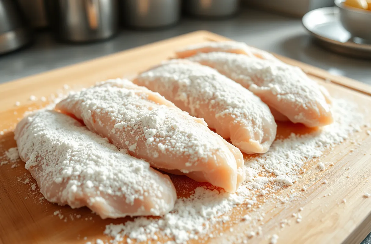 Escalopes de poulet enrobées de farine sur une planche en bois, excédent de farine secoué