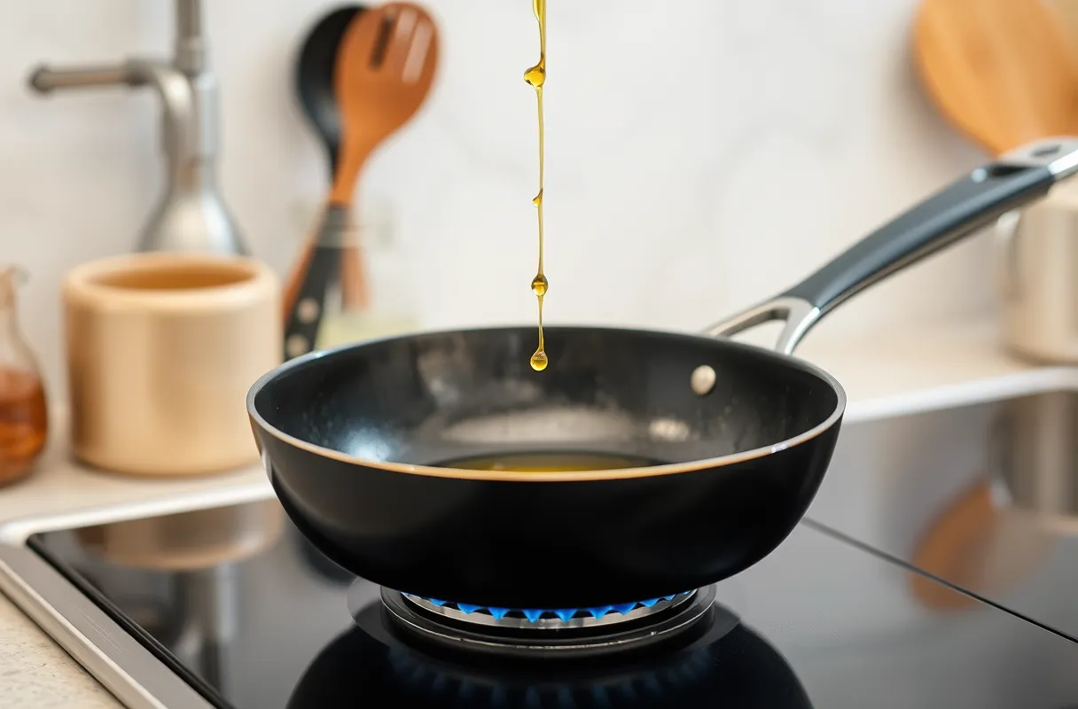 Poêle noire sur un feu vif avec de l'huile d'olive chauffant légèrement.
