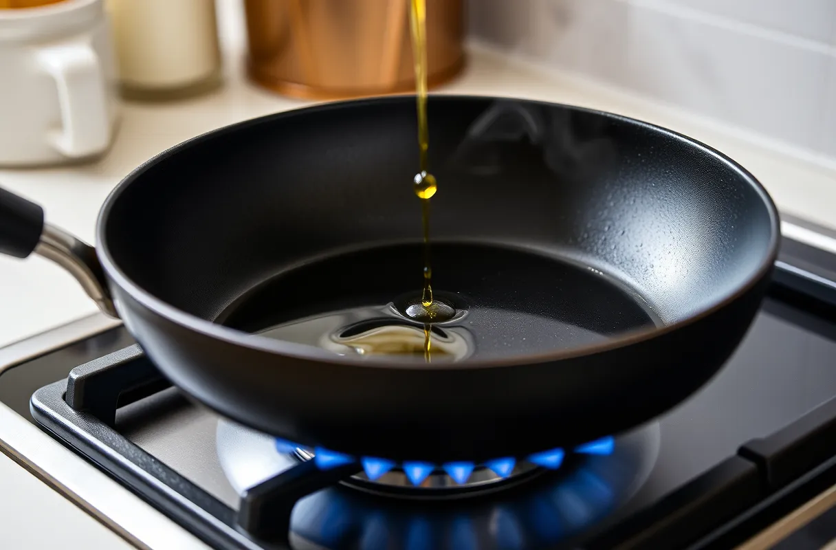 Poêle noire sur un feu vif avec de l'huile d'olive chauffant légèrement.