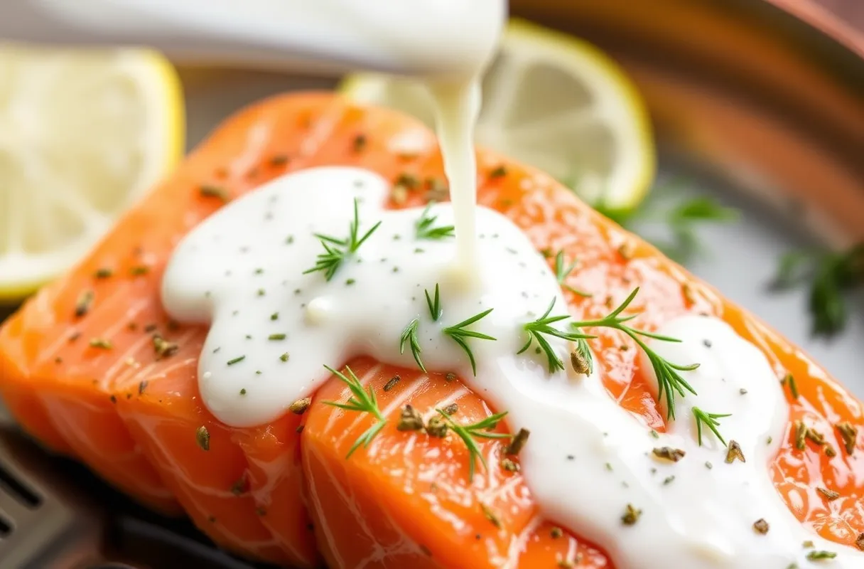 Sauce à l'aneth fraîche, faite de crème fraîche, d'aneth et de jus de citron, versée sur un saumon, ajoutant légèreté et fraîcheur