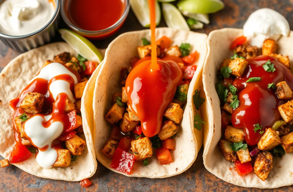 Fajitas garnies de légumes, tofu/seitan et sauces comme crème aigre, salsa et sauce piquante.